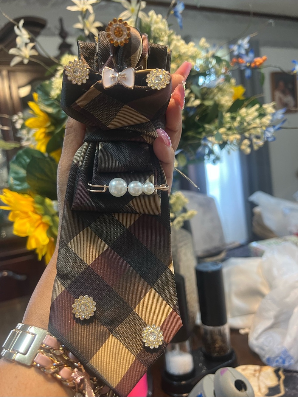 Elegant Plaid Bow Tie Bag Charm with Pearl & Crystal Accents